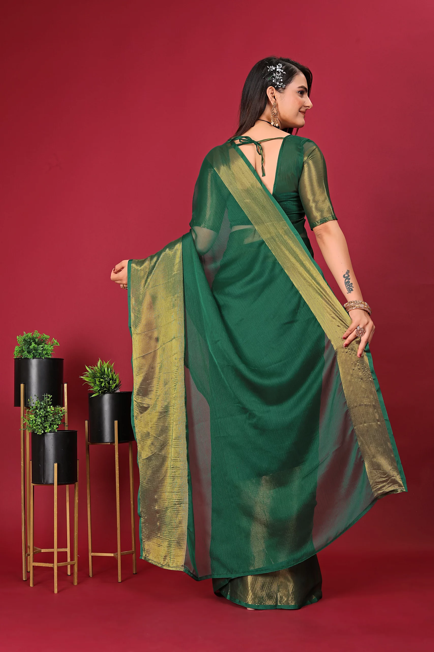 1-Min Ready To Wear Saree DARK GREEN In Premium Chiffon Silk With Zari Patta