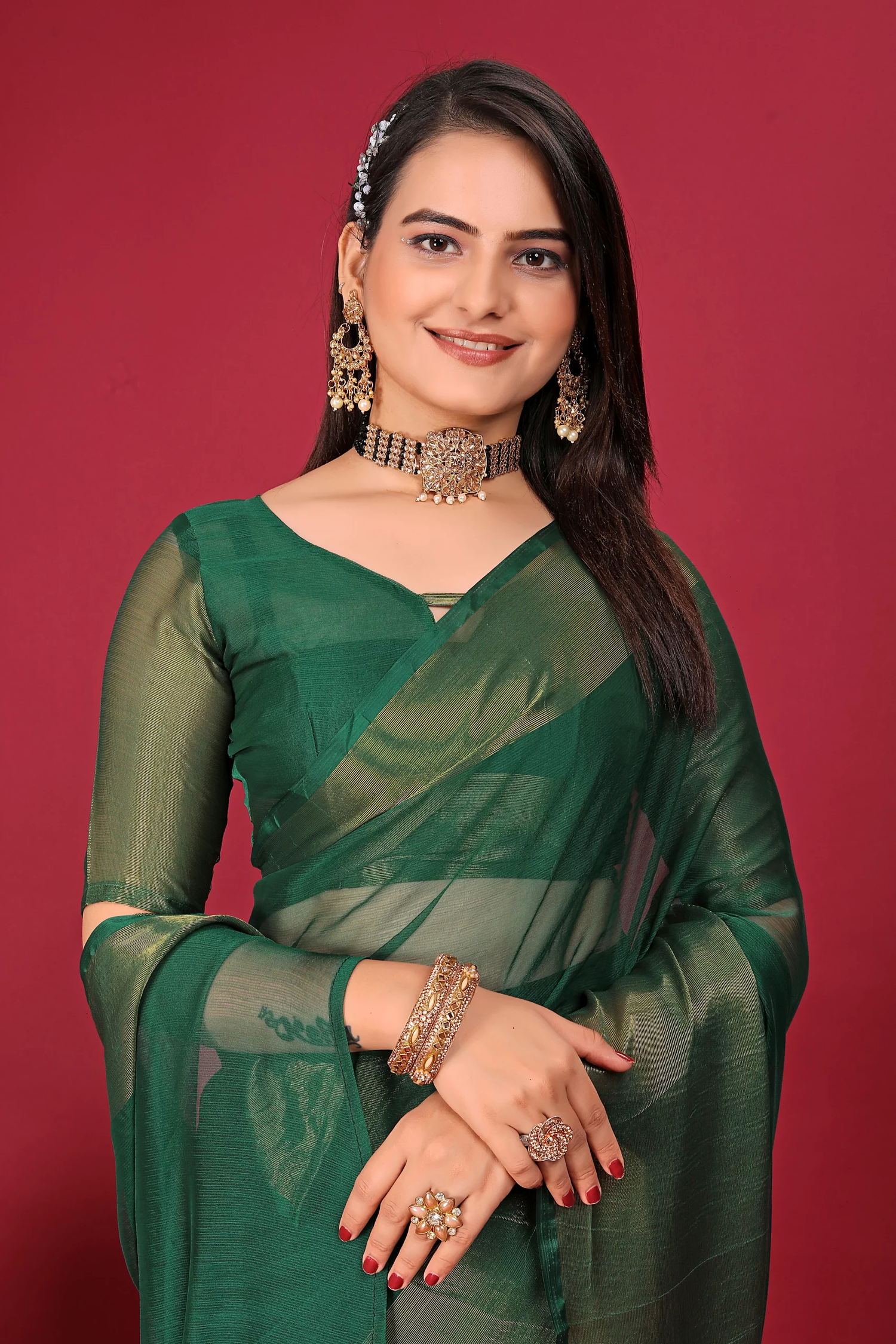 1-Min Ready To Wear Saree DARK GREEN In Premium Chiffon Silk With Zari Patta