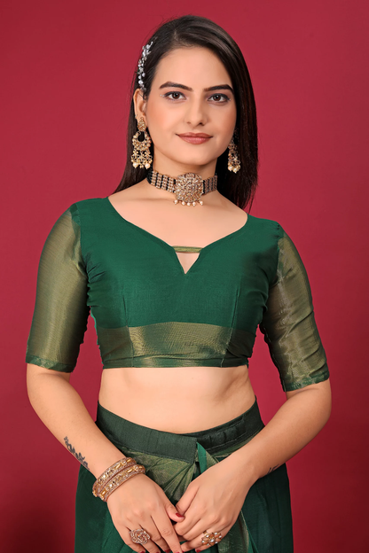 1-Min Ready To Wear Saree DARK GREEN In Premium Chiffon Silk With Zari Patta