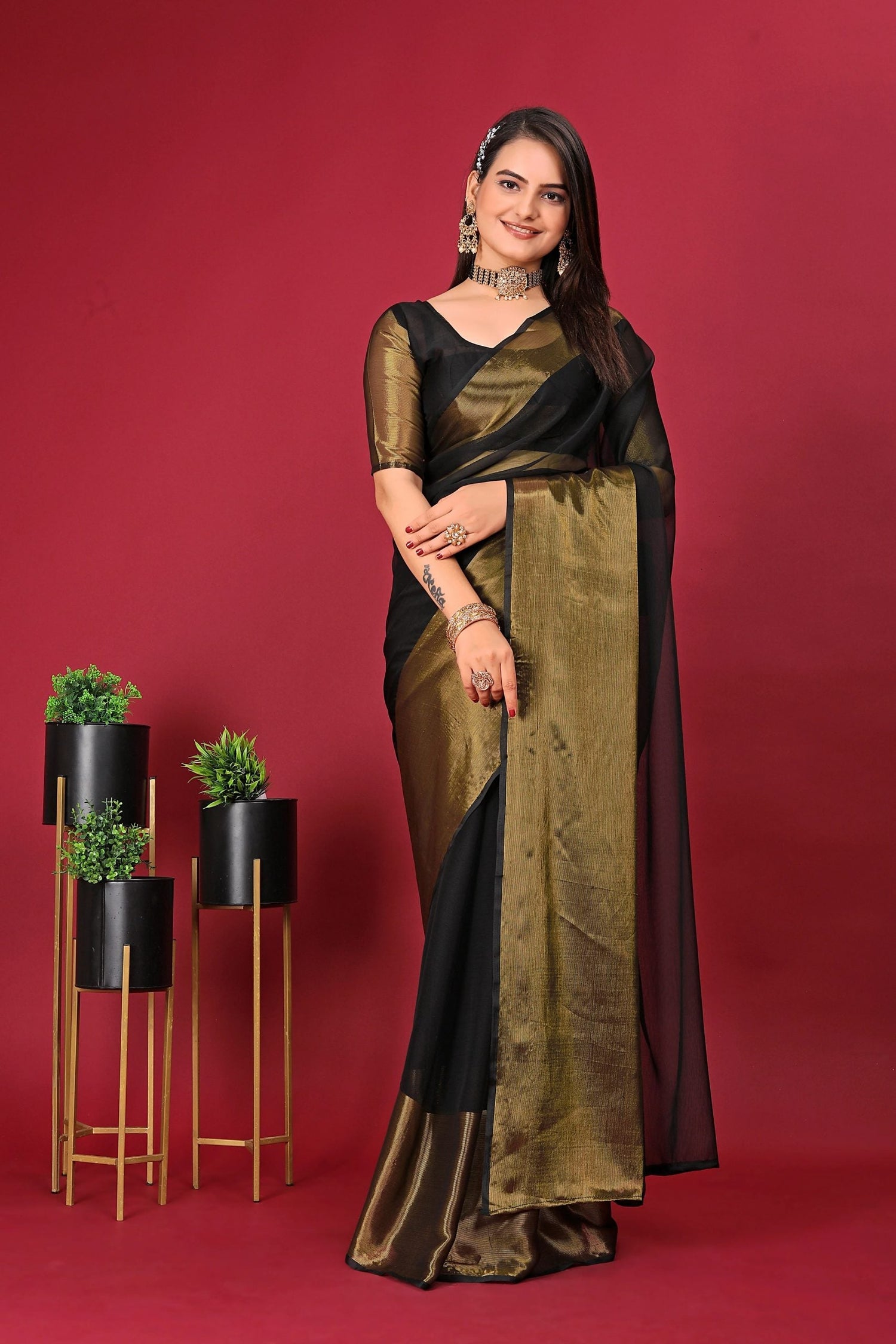 1-Min Ready To Wear Saree BLACK In Premium Chiffon Silk With Zari Patta