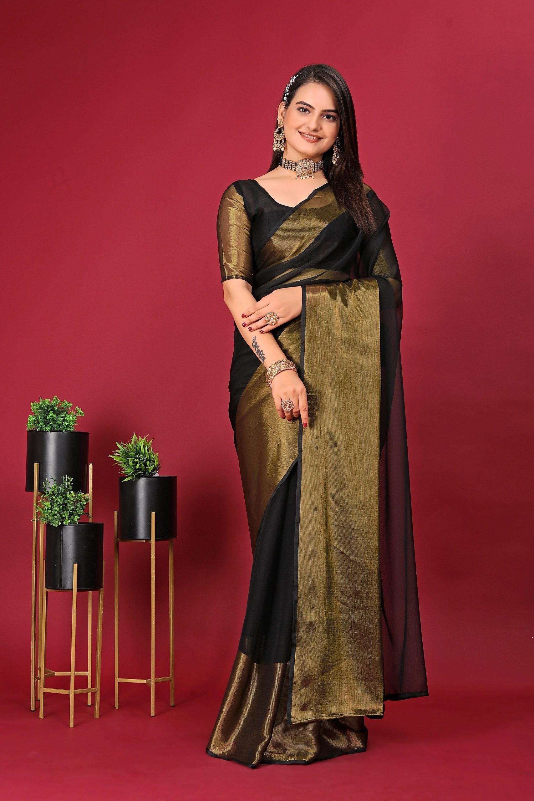 1-Min Ready To Wear Saree BLACK In Premium Chiffon Silk With Zari Patta