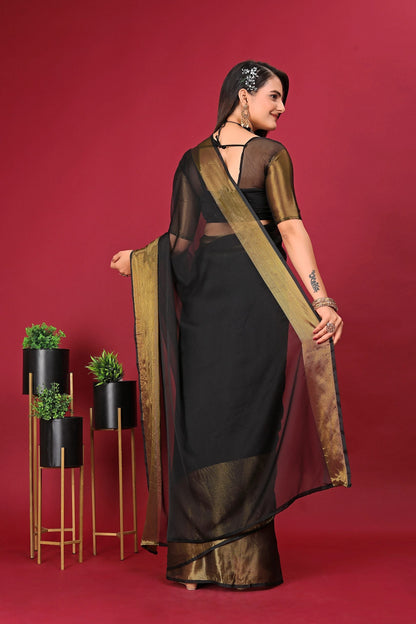 1-Min Ready To Wear Saree BLACK In Premium Chiffon Silk With Zari Patta