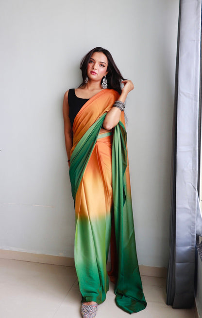 1 MIN Ready To Wear Dark Yellow- Green  Dual shade Saree - Kachi Keri