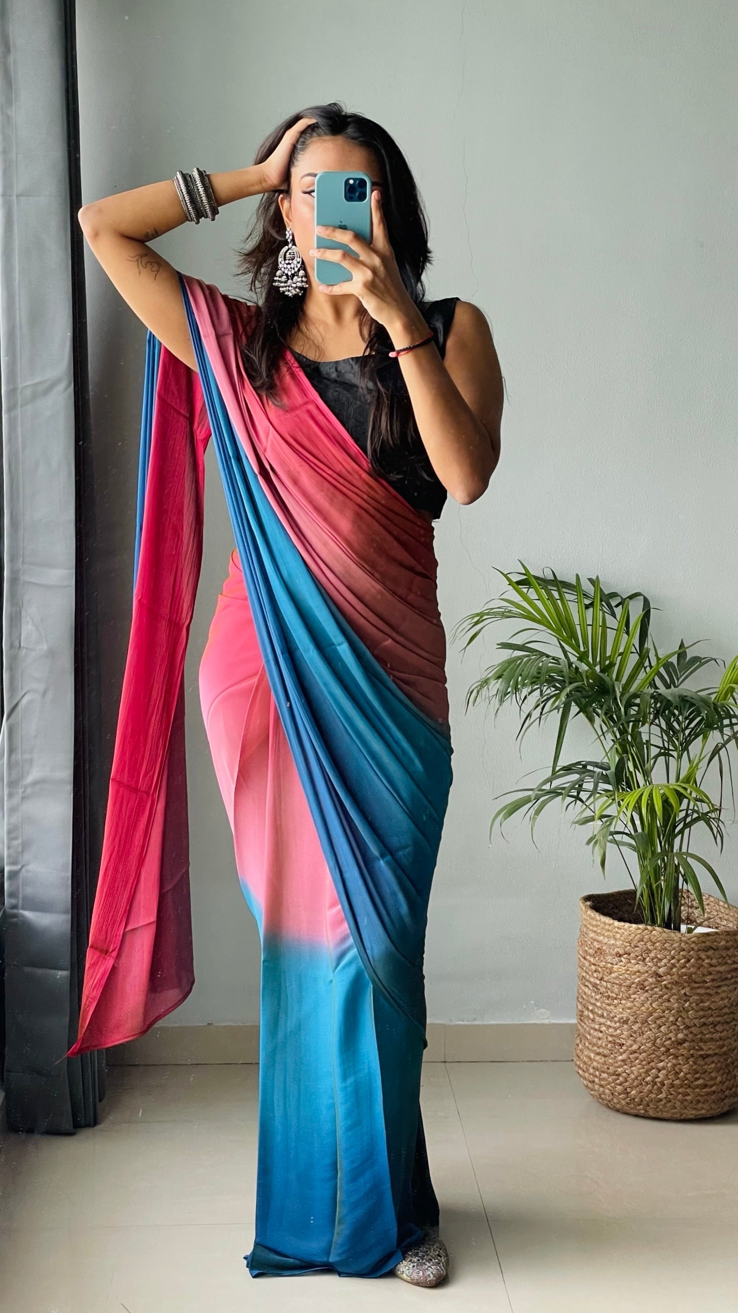 1 MIN Ready To Wear Pink-Sky Blue Dual shade Saree - Peacock