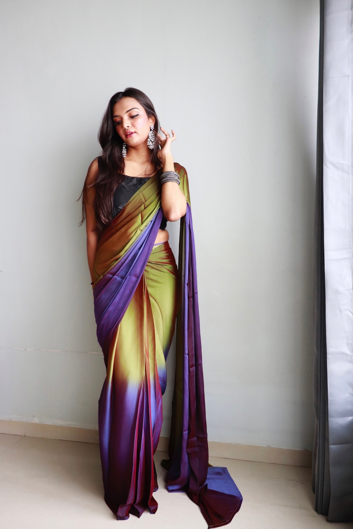 1 MIN Ready To Wear Purple Mehandi Dual shade Saree - Avacado