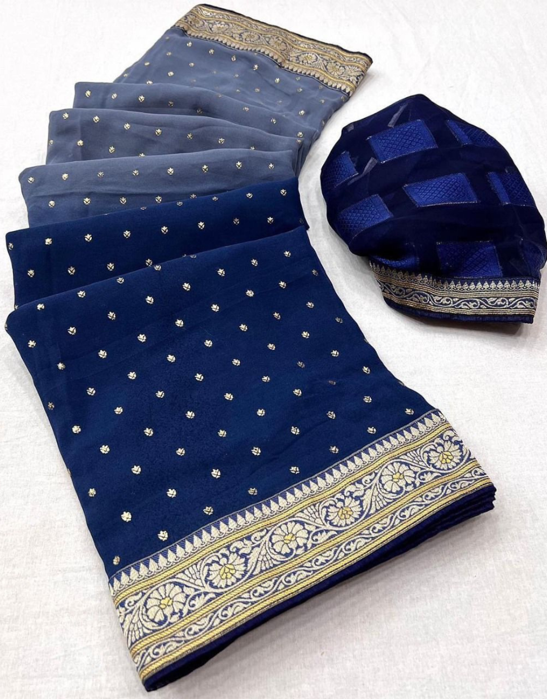 Vrinda NavyBlue-Grey Printed Georgette Silk Saree