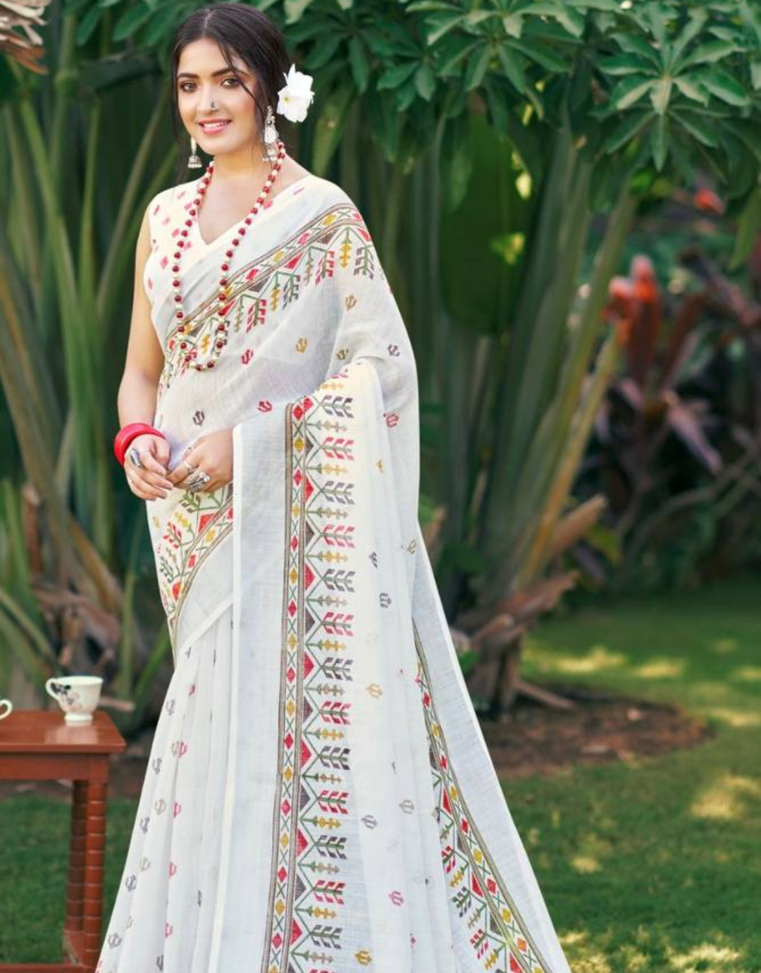 Mansvi  White Linen Silk Saree