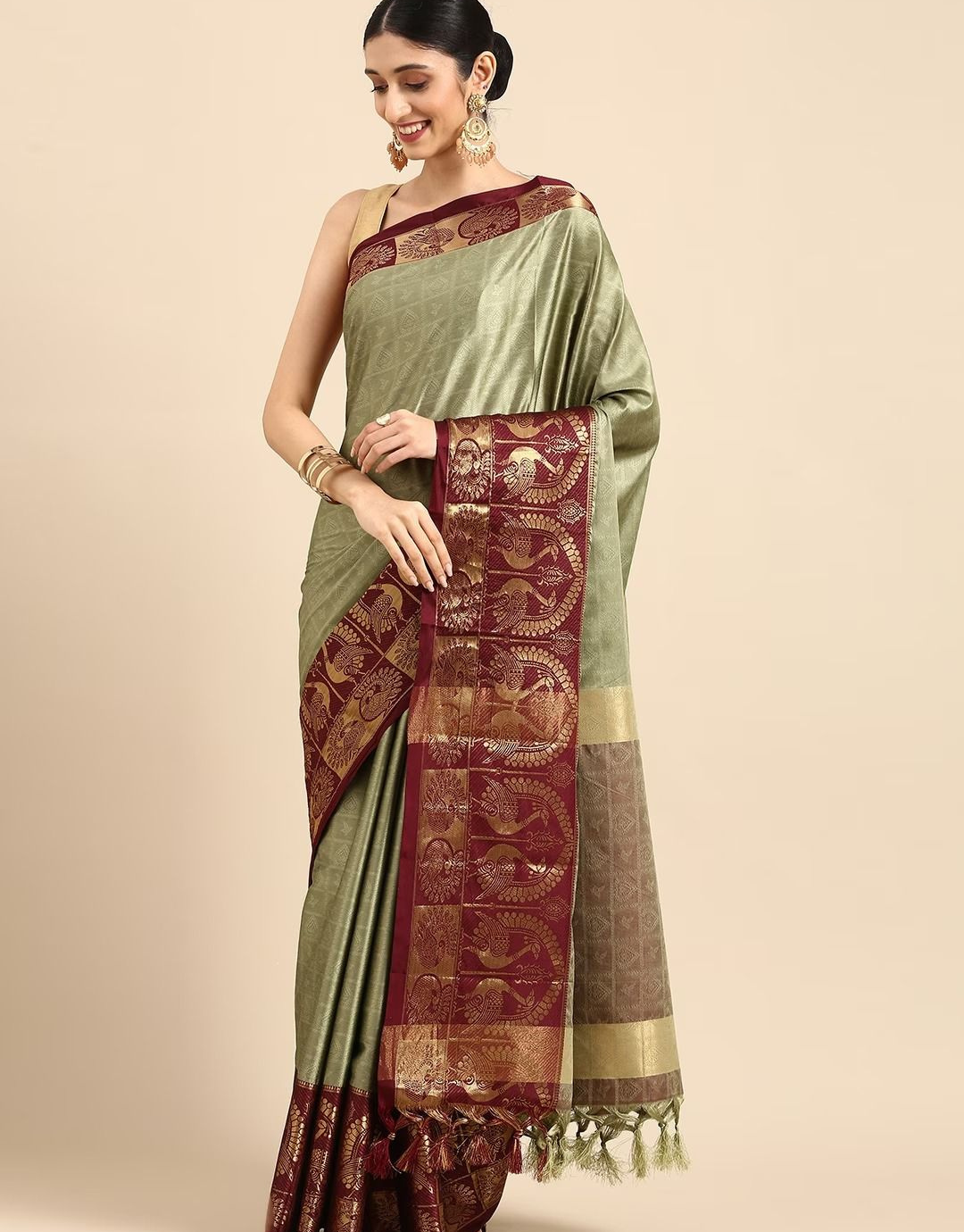 Sonam Army Brown Cotton Silk Saree