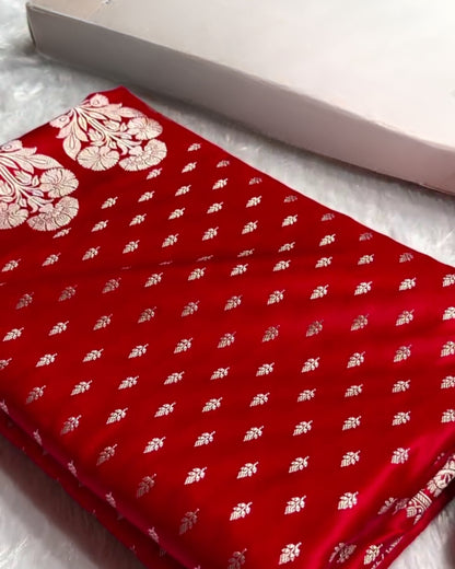 Zivara - Red Silver Zari Floral Banarasi Style Saree