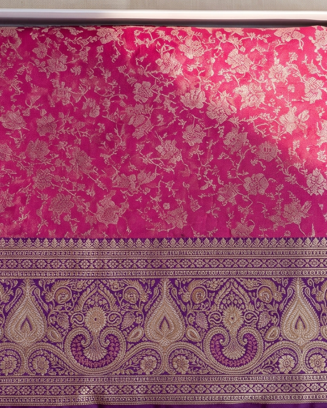Sima - Rani Pink Floral Zari Banarasi Saree