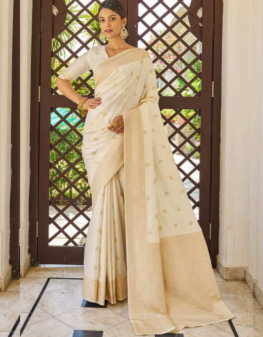 White Daisy Kanjivaram Silk Saree