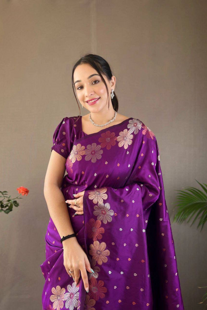 Rosette Bloom - Purple Satin Silk Saree