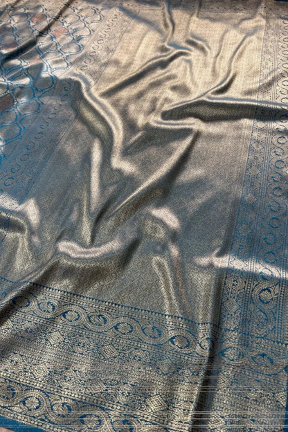 Blush Gleam - Blue - Banarasi Silk Saree