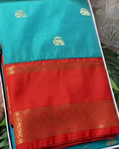 Viha - Peacock Blue Elephant Motif Silk Saree