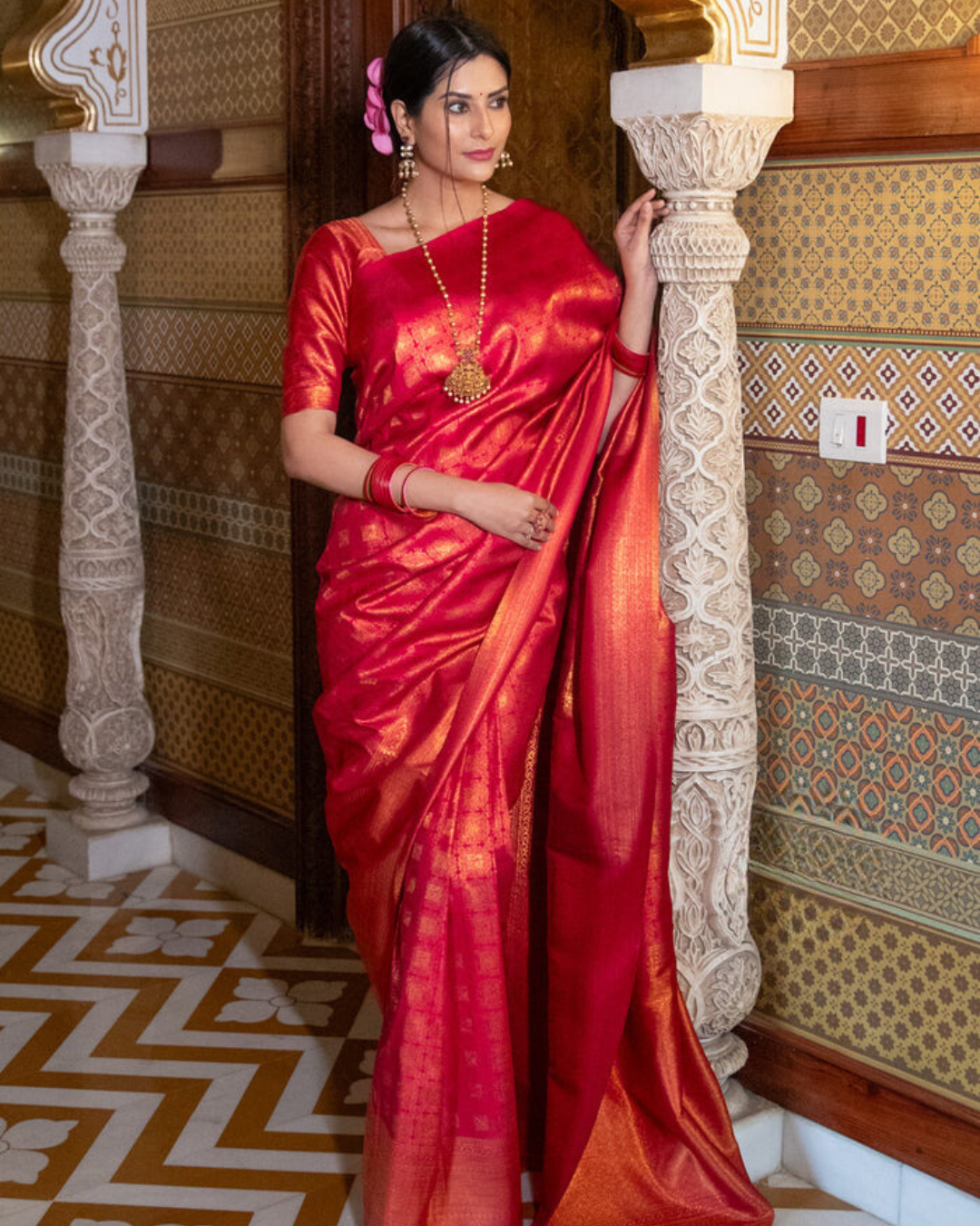 Golden Garnet - Handwoven Banarasi Silk Saree