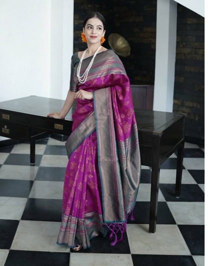 Incredible Pinkish Soft Banarasi Silk Saree WIth Attached Blouse Piece