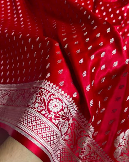 Zivara - Red Silver Zari Floral Banarasi Style Saree