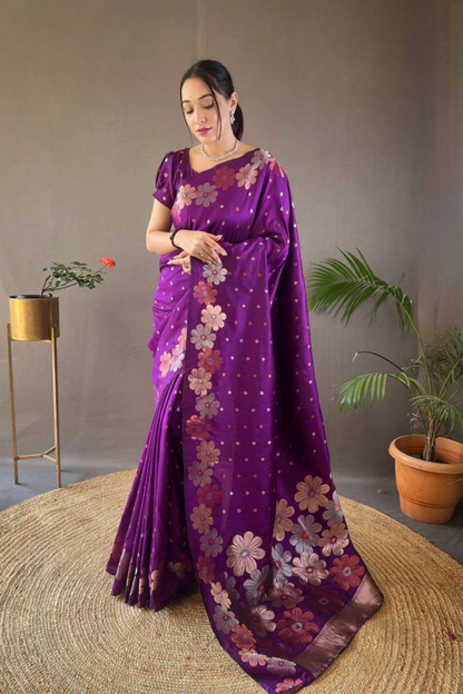 Rosette Bloom - Purple Satin Silk Saree