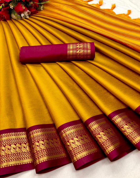 Harshita Mustard Yellow Cotton Silk Saree