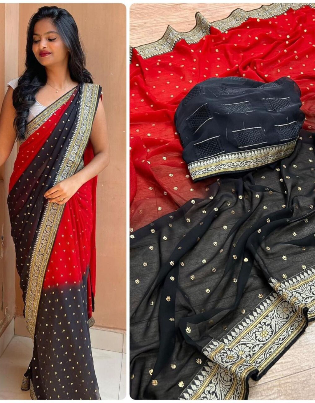 Vrinda Red-Black Printed Georgette Silk Saree