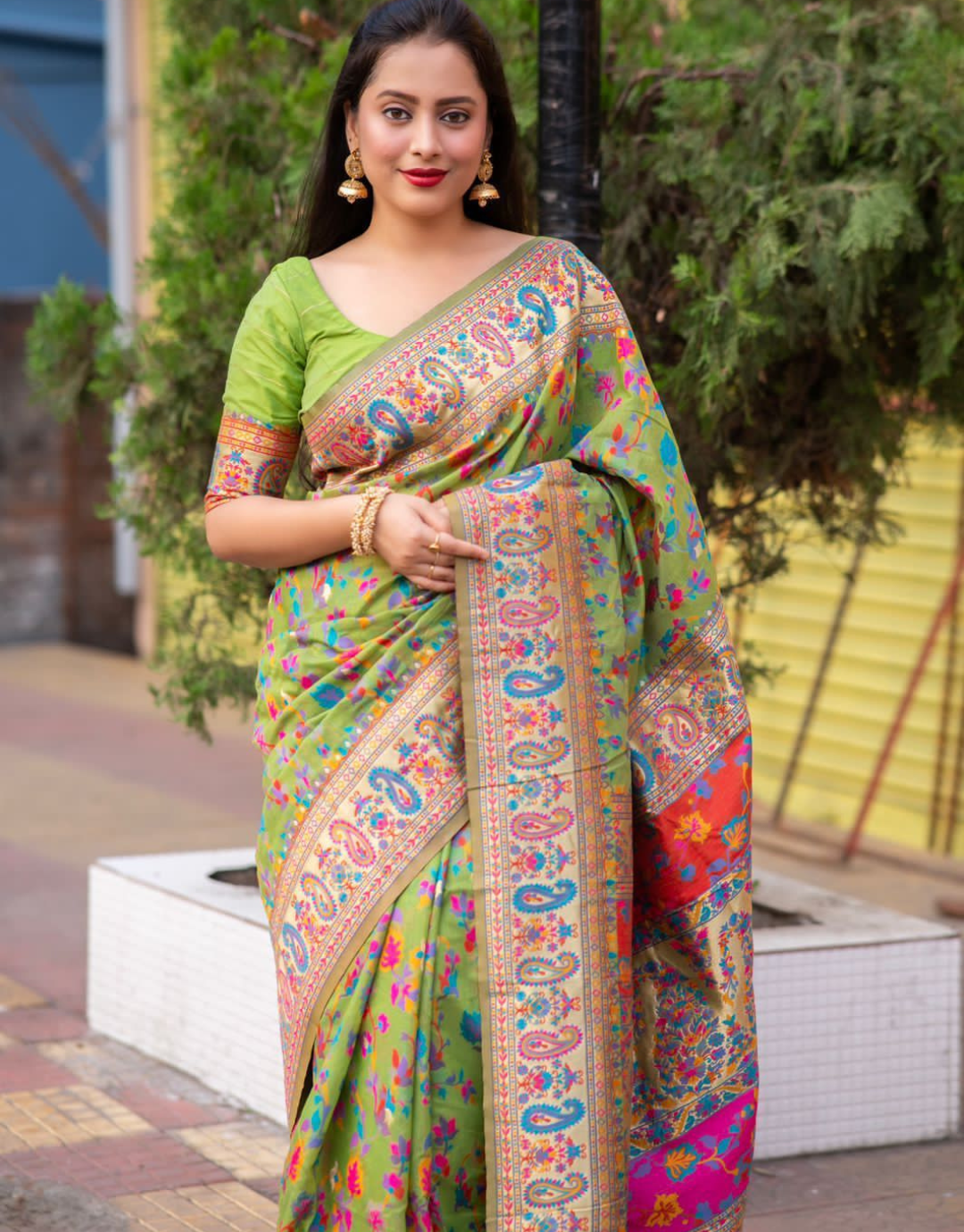 Harshita Parrot Green Kashmiri Silk Saree