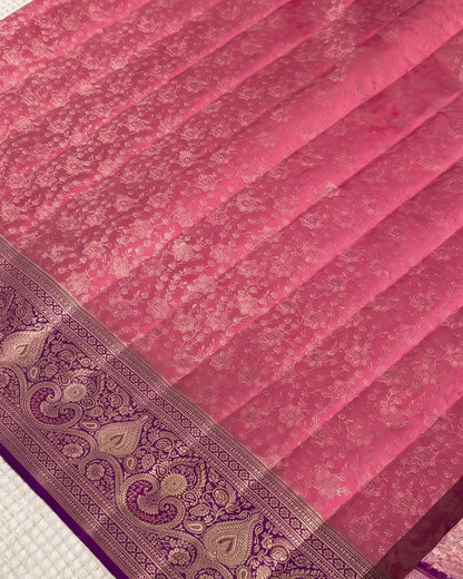 Sima - Rani Pink Floral Zari Banarasi Saree