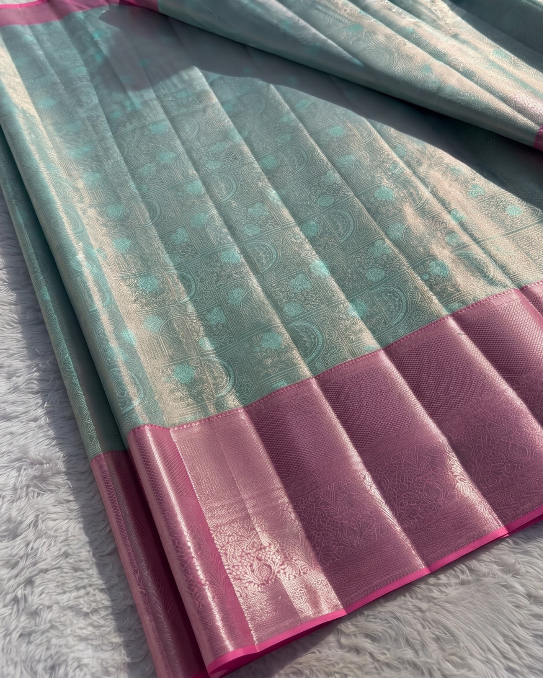 Fatima - Aqua Blue Pink Banarasi Silk Saree
