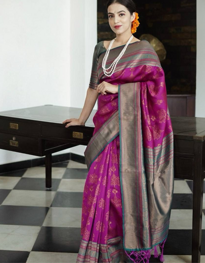 Incredible Pinkish Soft Banarasi Silk Saree WIth Attached Blouse Piece