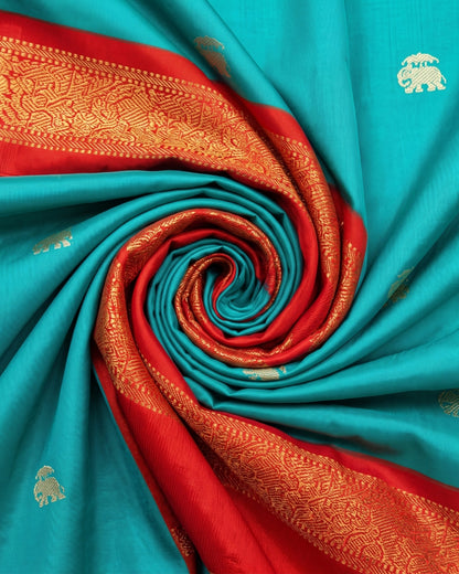 Viha - Peacock Blue Elephant Motif Silk Saree