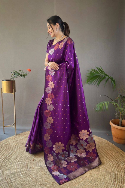 Rosette Bloom - Purple Satin Silk Saree