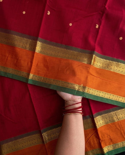 Sindhu - Red Contrast Orange Temple Border Kanchipuram Silk Saree