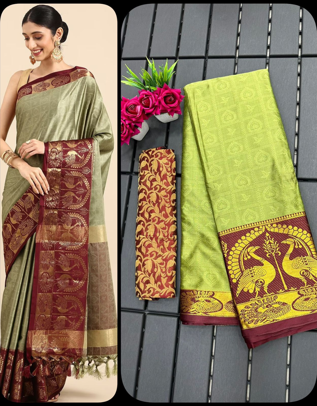 Sonam Army Brown Cotton Silk Saree