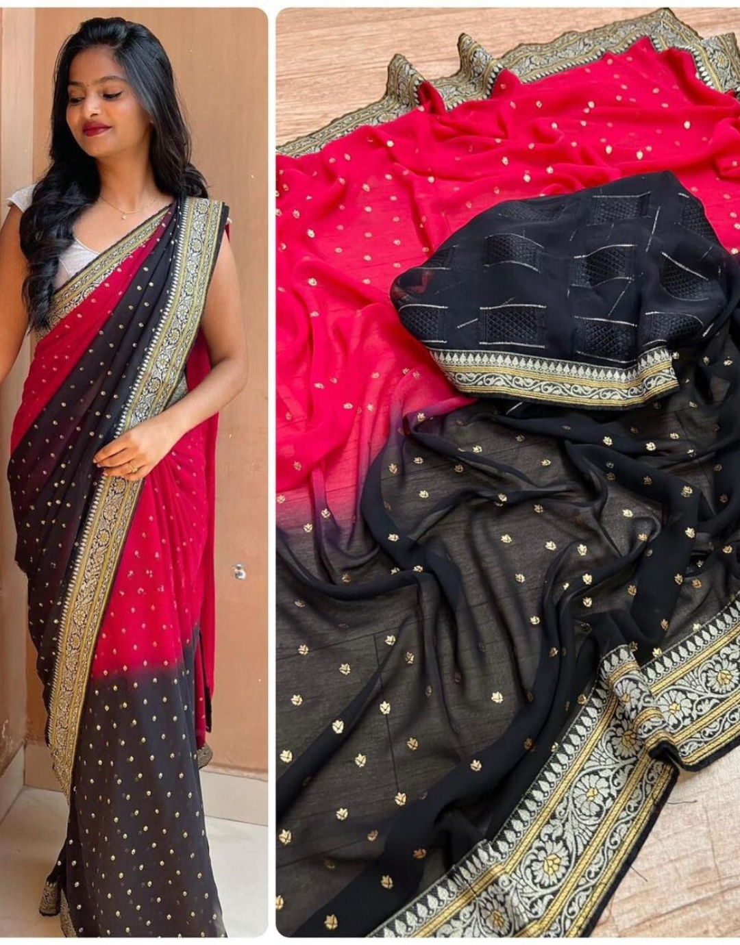 Vrinda Pink-Black Printed Georgette Silk Saree