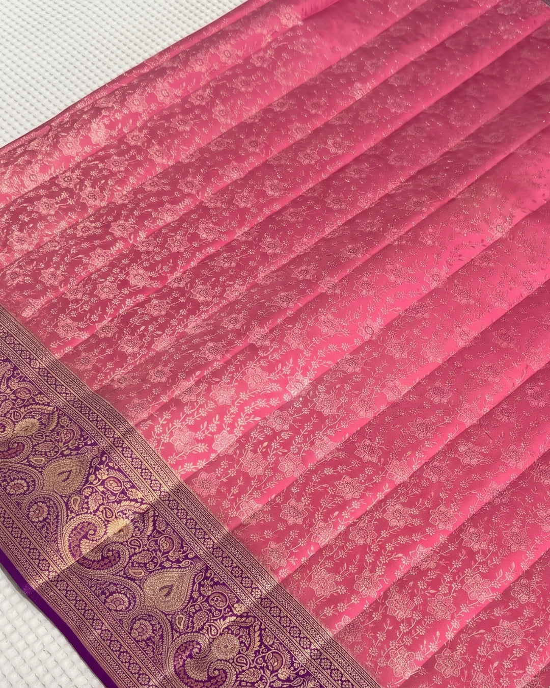 Sima - Rani Pink Floral Zari Banarasi Saree