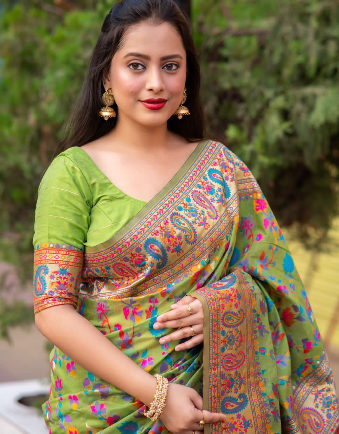 Harshita Parrot Green Kashmiri Silk Saree