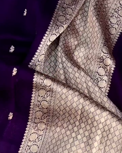 Pranvika - Purple Organza Semi Silk Saree with Silver Zari Pallu &amp; Floral Border