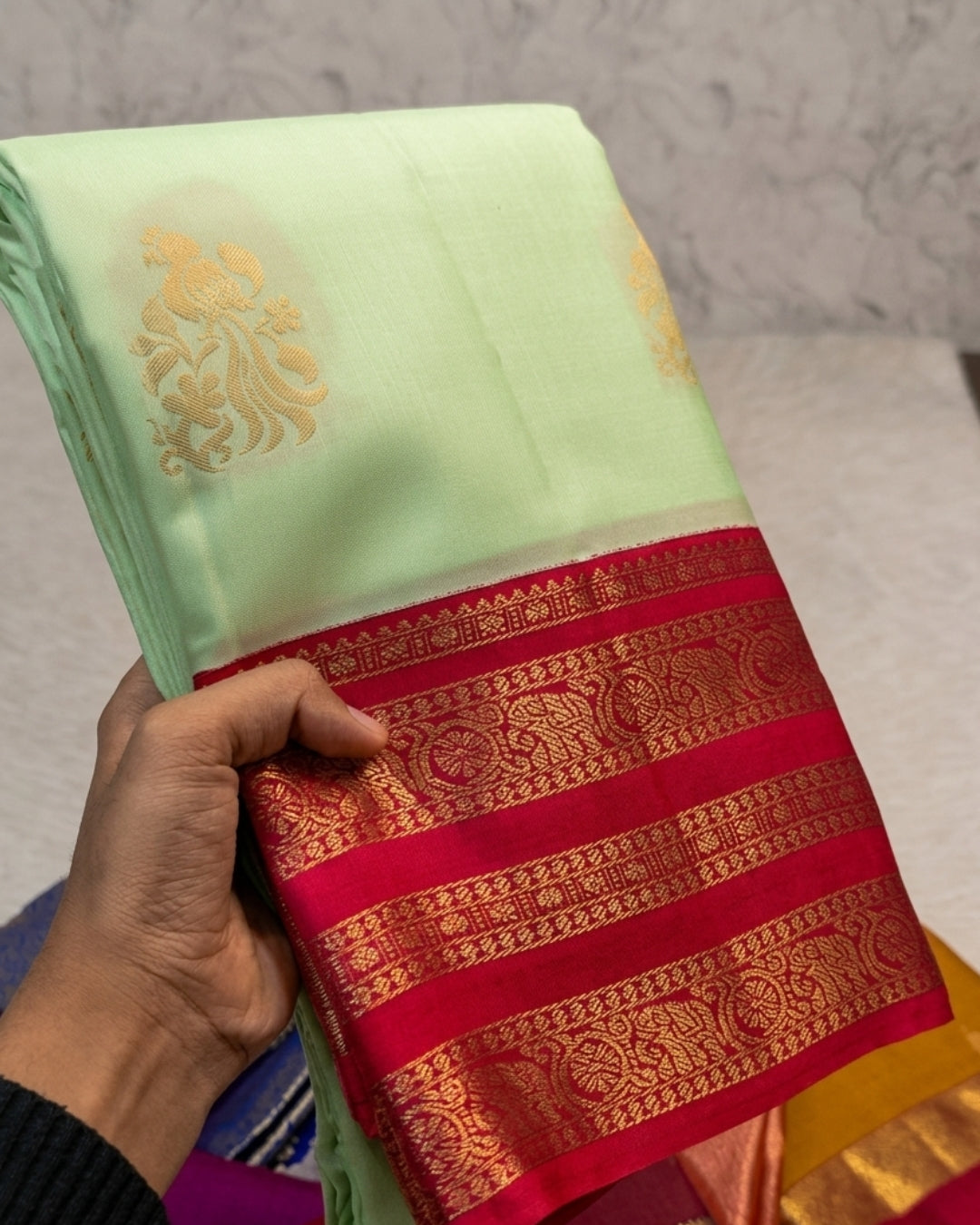 Dixa - Mint Green Magenta Floral Zari Woven Saree