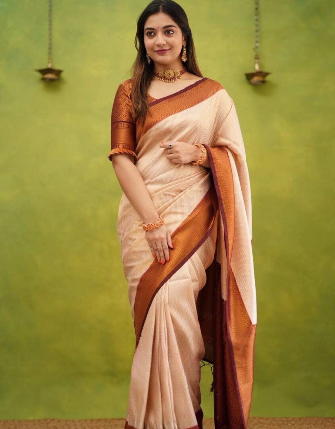 Aastha Beige Kanchipuram Silk Saree