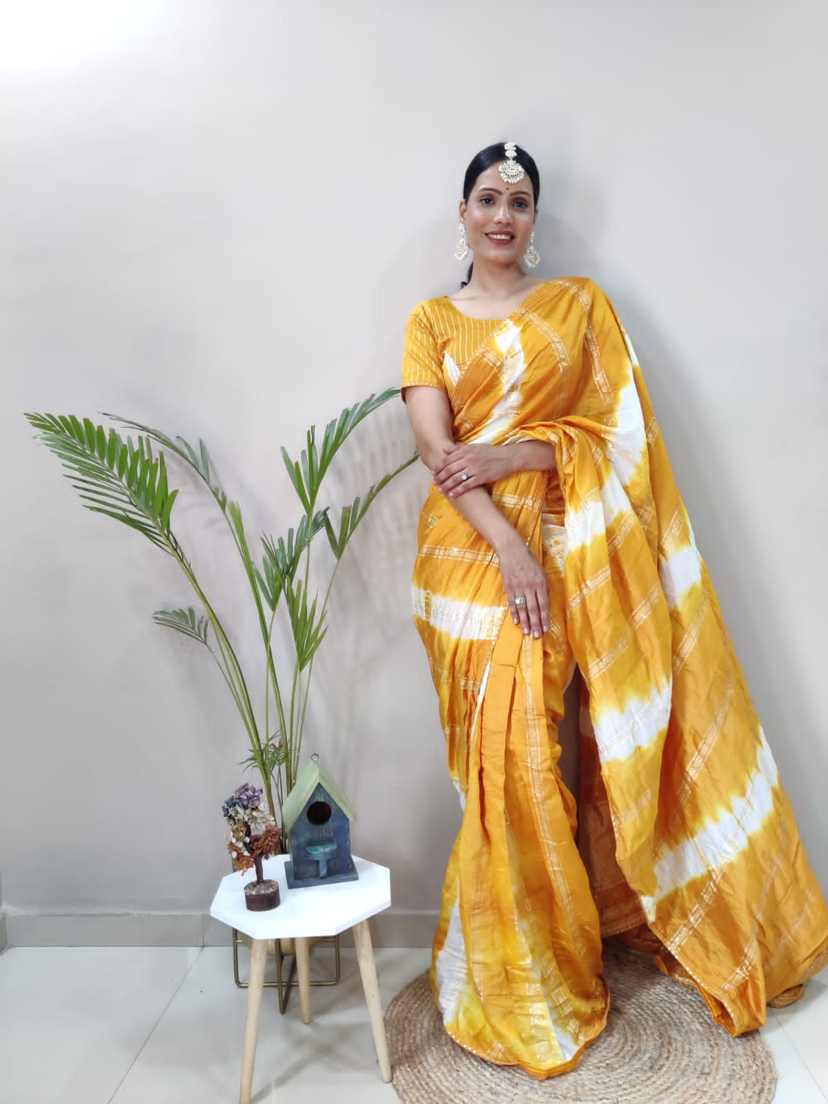 1 MIN Ready To Wear Sibori  Yellow Viscose Saree