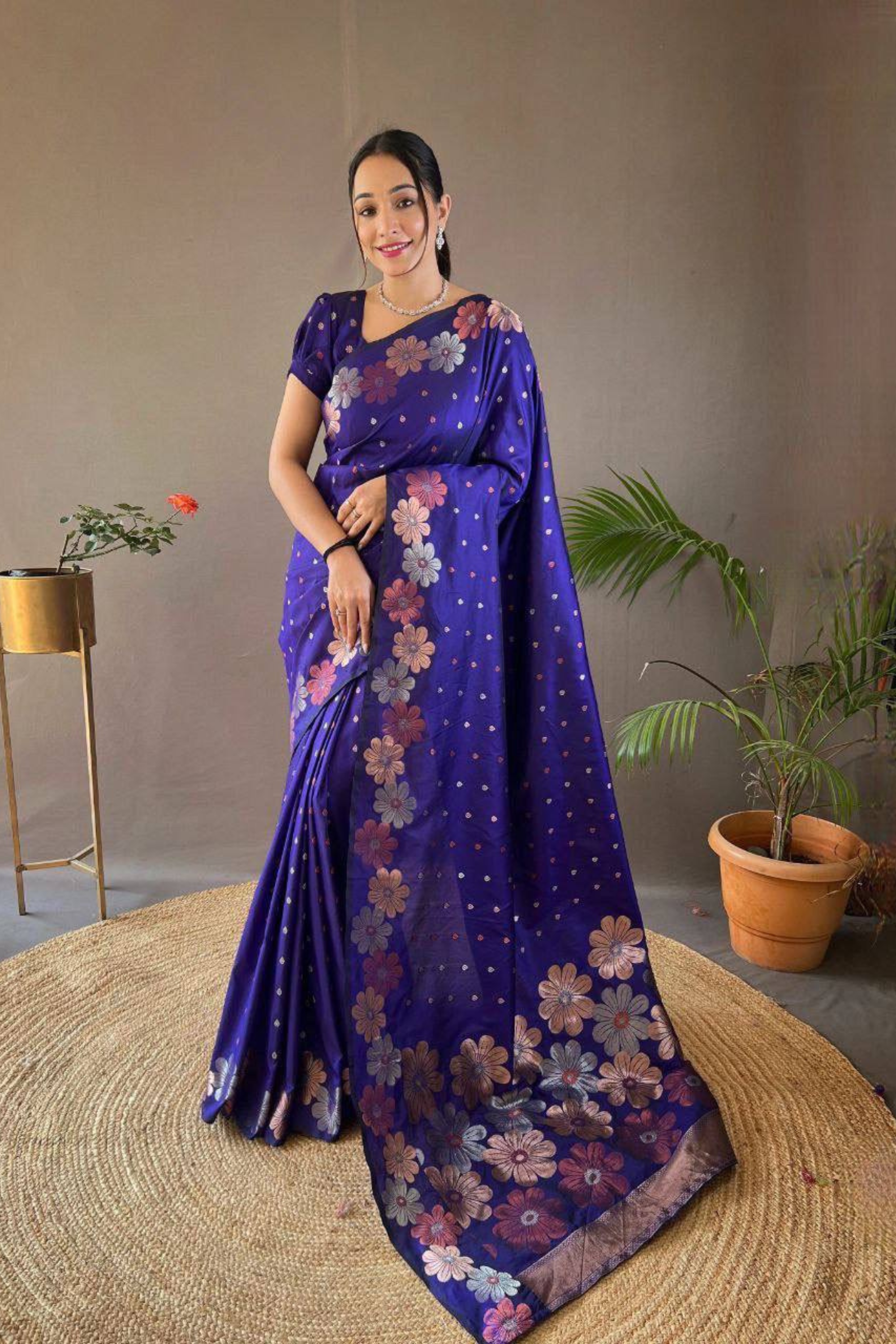 Rosette Bloom - Navy Blue Satin Silk Saree