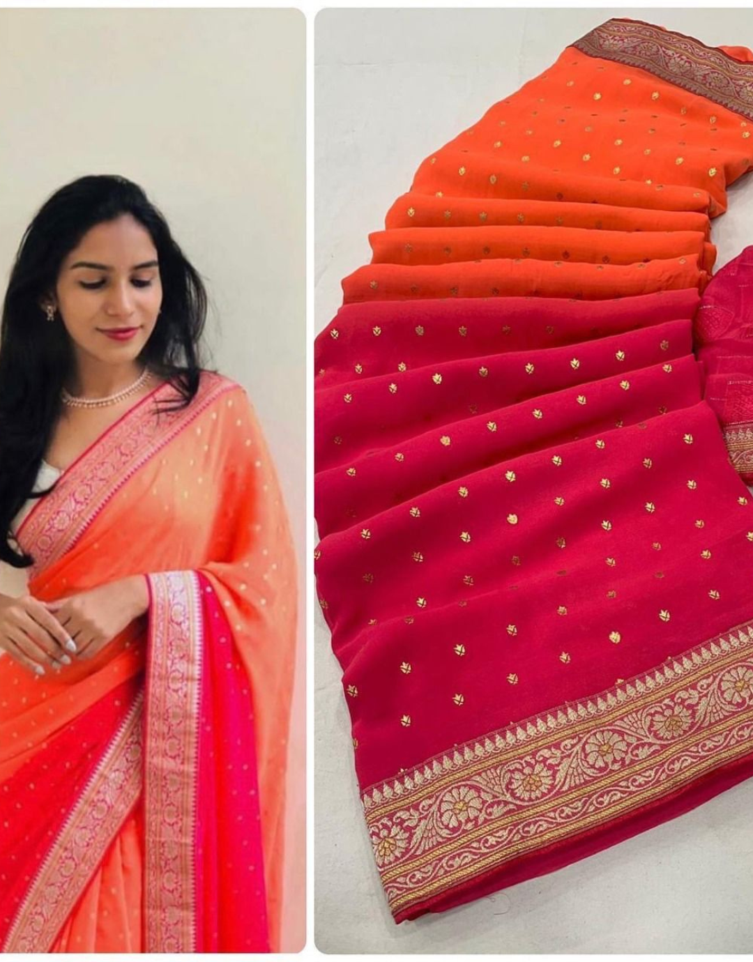 Vrinda Orange-Pink Printed Georgette Silk Saree