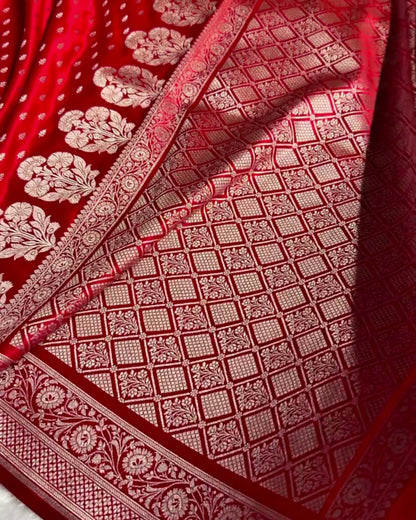 Zivara - Red Silver Zari Floral Banarasi Style Saree