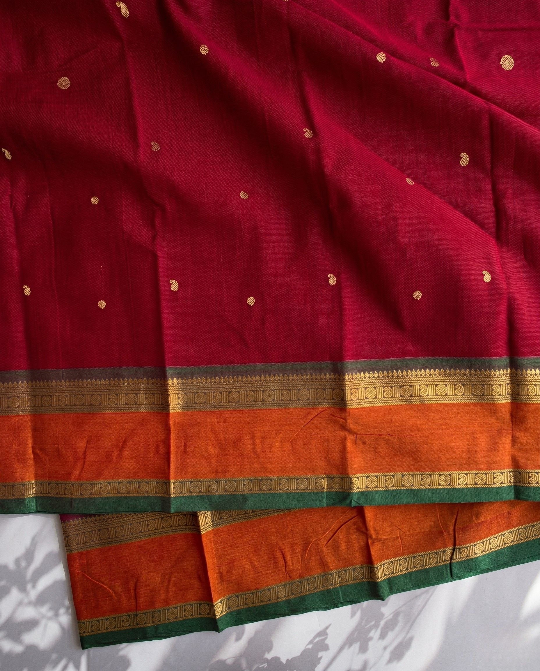 Sindhu - Red Contrast Orange Temple Border Kanchipuram Silk Saree