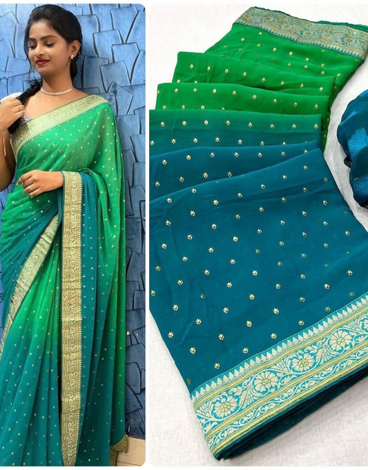 Vrinda Green-Sky Printed Georgette Silk Saree