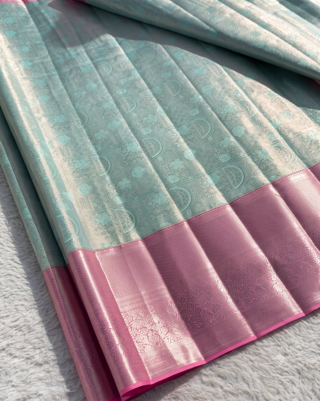 Fatima - Aqua Blue Pink Banarasi Silk Saree