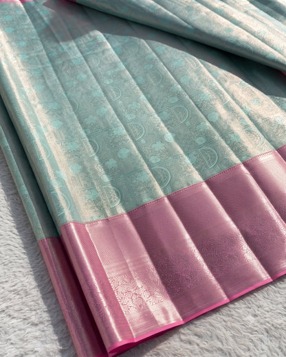 Fatima - Aqua Blue Pink Banarasi Silk Saree