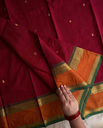 Sindhu - Red Contrast Orange Temple Border Kanchipuram Silk Saree