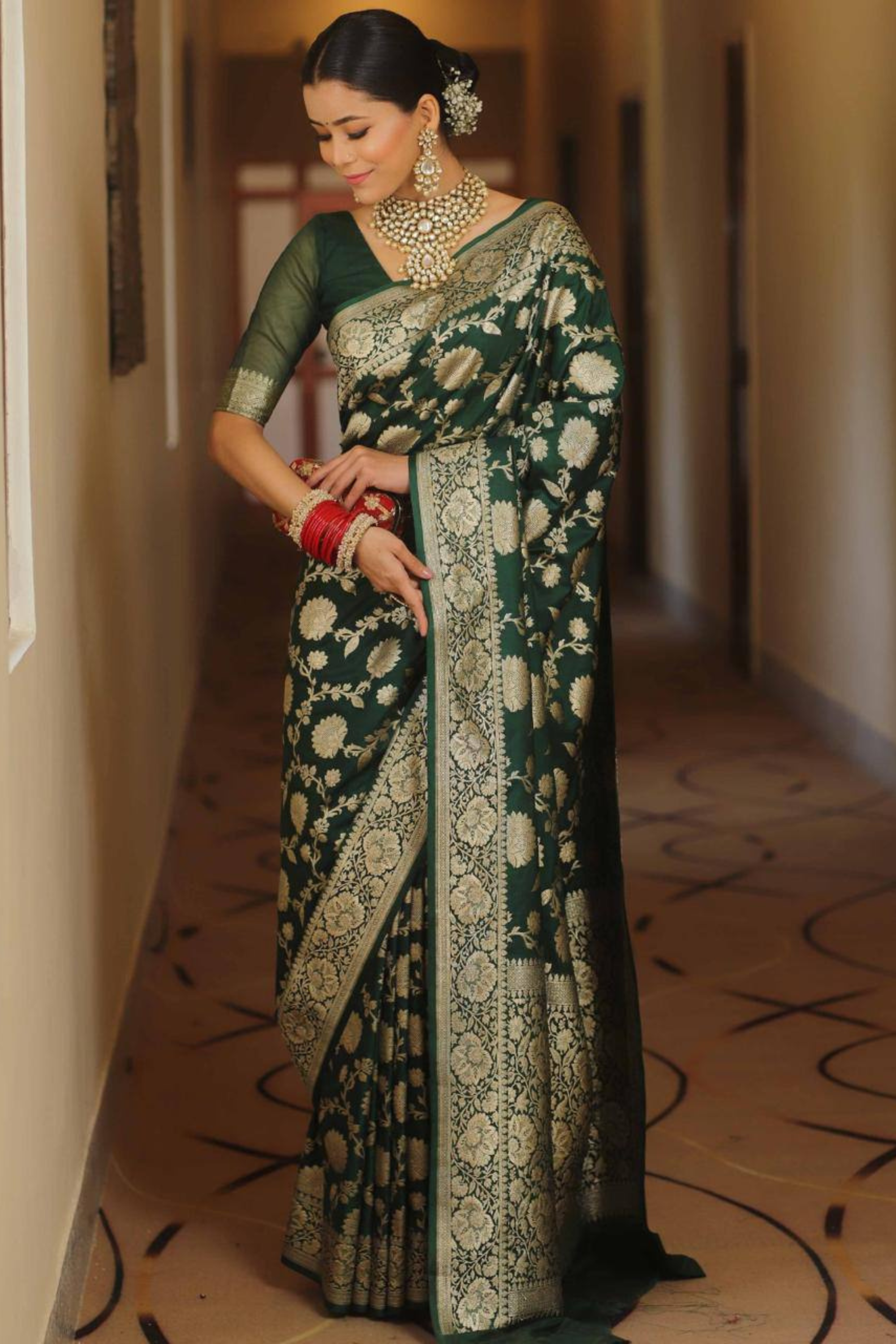 Burnished Sunbeam - Green Lichi Soft Silk Saree