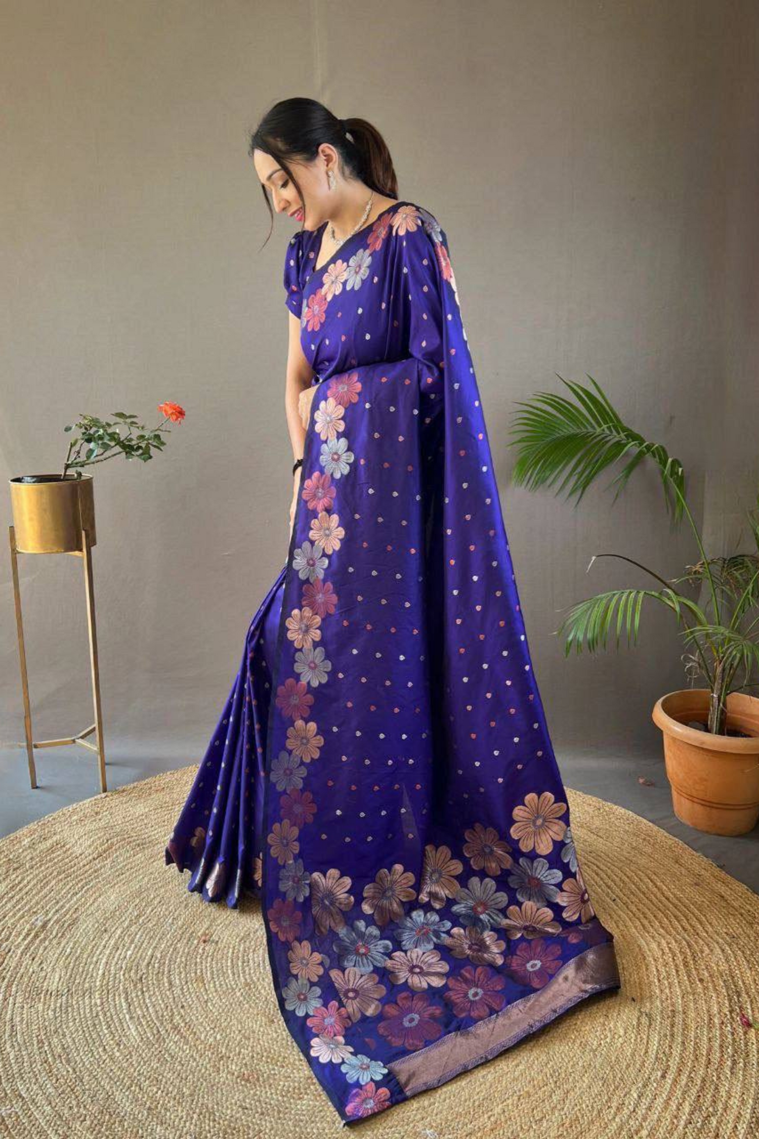 Rosette Bloom - Navy Blue Satin Silk Saree