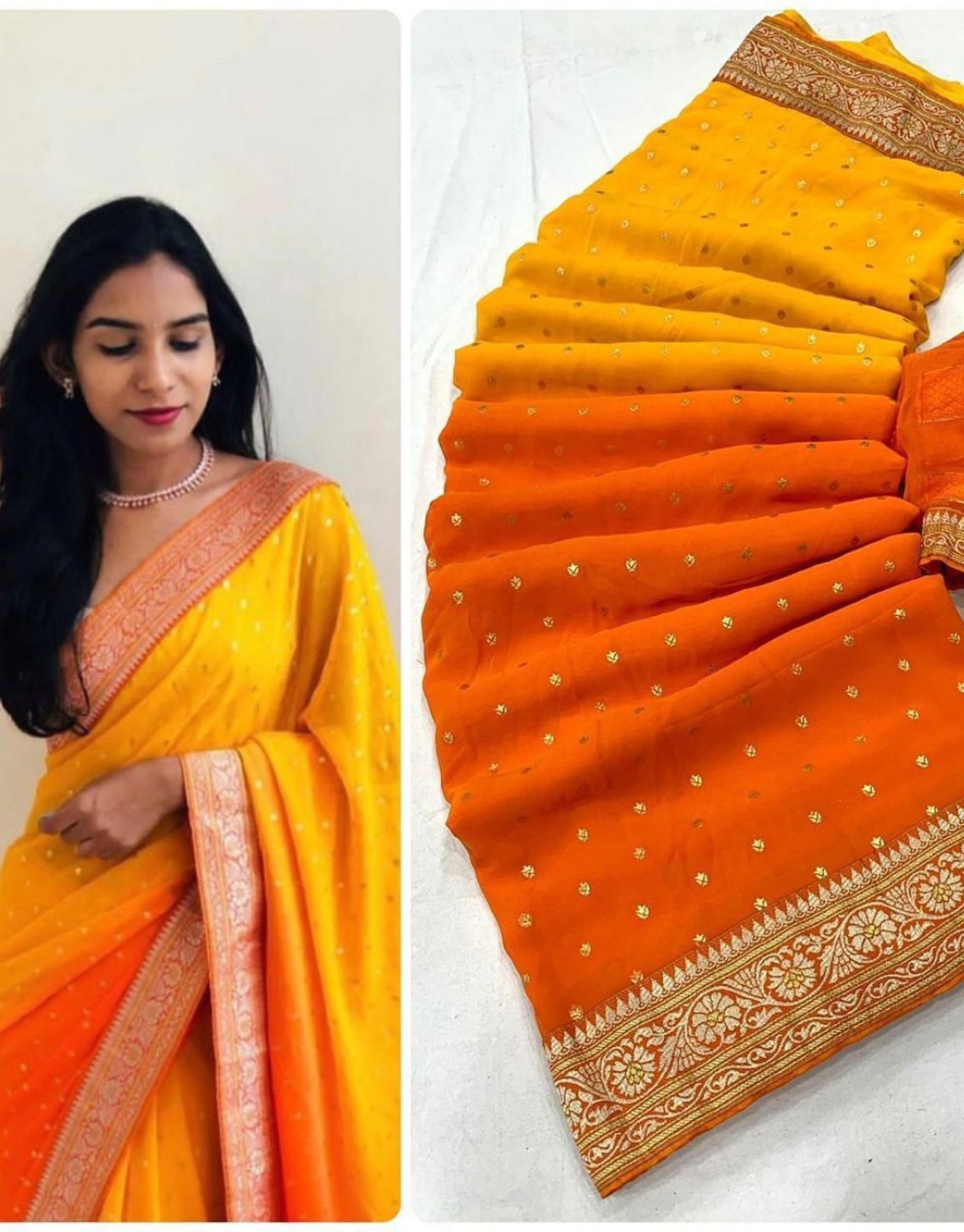 Vrinda Yellow-Orange Printed Georgette Silk Saree